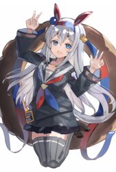  alternate_costume animal_ears black_serafuku black_shirt black_skirt blue_hairband blue_headband blue_neckerchief breasts commentary_request doughnut ear_covers female food grey_hair grey_thighhighs hair_ornament hairband headband highres horse_ears horse_girl horse_tail knees_up long_sleeves midair neckerchief pleated_skirt red_neckerchief sailor_collar school_uniform serafuku shirt simple_background skirt small_breasts solo tail tamamo_cross_(umamusume) the_olphy thighhighs two-tone_neckerchief umamusume v w white_background 