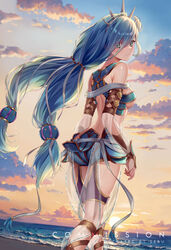  back beach blue_eyes blue_hair breasts cloud commission crown dana_(ys) english_commentary english_text female hair_between_eyes long_hair looking_at_viewer looking_back medium_breasts midriff ocean outdoors sebu_illust sky smile solo sunset twintails underboob water ys ys_viii_lacrimosa_of_dana 