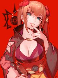  blue_eyes breasts brown_hair cleavage closed_mouth collarbone female hair_between_eyes hair_ornament hairpin hand_on_own_hip highres large_breasts long_hair looking_at_viewer red_background solo tales_of_(series) tales_of_crestoria tongue tongue_out twintails ubo_(ubo_tales) upper_body yuna_azetta 