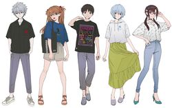  2boys 3girls absurdres alternate_costume aqua_eyes aqua_footwear arm_up ayanami_rei bag black_choker black_hair blue_eyes blue_hair blue_hairband casual choker closed_mouth collarbone denim fingernails folded_fan folding_fan glasses grey_hair hair_between_eyes hairband hand_fan hand_on_own_hip hands_in_pockets high_heels highres hood hood_down hoodie ikari_shinji jeans long_hair makinami_mari_illustrious multiple_boys multiple_girls nagisa_kaworu neon_genesis_evangelion open_mouth pants parted_lips rebuild_of_evangelion red-framed_eyewear red_eyes shirt shoes short_hair simple_background smile sneakers souryuu_asuka_langley standing t-shirt tarou2 toenails twintails white_background 