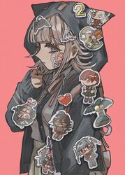  animal_ears animal_hood backpack bag black_jacket black_shirt brown_hair brown_ribbon brown_skirt cat_hood character_print commentary danganronpa_(series) danganronpa_2:_goodbye_despair fake_animal_ears female from_side galaga grey_shirt hair_ornament hand_up heart highres hood hood_up jacket kara_aren koizumi_mahiru looking_at_viewer medium_hair mioda_ibuki monomi_(danganronpa) nanami_chiaki neck_ribbon open_clothes open_jacket owari_akane pekoyama_peko pink_background pleated_skirt profile ribbon saionji_hiyoko shirt simple_background skirt solo sonia_nevermind spaceship_hair_ornament sticker too_many too_many_stickers tsumiki_mikan two-tone_shirt 