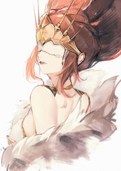  breasts brown_hair character_request eye_mask fanshu female highres long_hair looking_back mask medium_breasts octopath_traveler simple_background solo white_background 