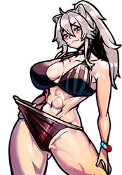  abs absurdres ahoge animal_ears ass_visible_through_thighs bikini bikini_pull black_bikini black_choker blush bracelet breasts breasts_apart choker cleavage closed_mouth clothes_pull collarbone commentary contrapposto cowboy_shot double-parted_bangs fang_out female ghgnvm grey_eyes grey_hair groin hair_between_eyes halterneck hand_on_own_thigh head_tilt high_ponytail highres hololive jewelry large_breasts lion_ears lion_girl long_hair looking_at_viewer mismatched_bikini muscular muscular_female naughty_face navel oerba_yun_fang ponytail pulling_own_clothes red_bikini shishiro_botan sidelocks simple_background skin_fang smile solo standing striped swimsuit thick_thighs thighs vertical_stripes virtual_youtuber white_background wide_hips 