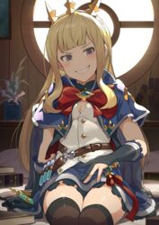  backlighting belt black_panties black_thighhighs blonde_hair blue_cape blue_skirt blush book bow bracelet breasts brooch cagliostro_(dark)_(granblue_fantasy) cagliostro_(granblue_fantasy) cape cleavage commentary_request female granblue_fantasy grin hinami_(hinatamizu) indoors jewelry long_hair looking_at_viewer panties panty_peek purple_eyes red_bow revision shirt sidelocks sitting skirt small_breasts smile solo test_tube thighhighs tiara underwear white_shirt window 