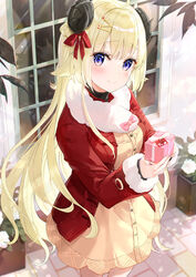  ahoge animal_ears blonde_hair blue_eyes blush bow braid buttons coat dress dutch_angle female flower fuumi_(radial_engine) gift hair_ornament hair_ribbon hairclip half_updo holding holding_gift hololive horns long_hair long_sleeves looking_at_viewer official_art outdoors pink_bow red_coat red_ribbon ribbon rose shade sheep_ears sheep_girl sheep_horns smile solo standing tsunomaki_watame very_long_hair virtual_youtuber white_flower white_rose window yellow_dress 