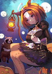  :3 @_@ ahoge animal_ears black_dress breasts brown_hair cleavage commentary_request dress ear_covers female ghost highres horse_ears horse_girl juliet_sleeves large_breasts long_sleeves looking_at_viewer meisho_doto_(dot-o&#039;-lantern)_(umamusume) meisho_doto_(umamusume) multicolored_hair official_alternate_costume pantyhose parted_lips puffy_sleeves pumpkin purple_eyes raccoon single_ear_cover solo streaked_hair umamusume white_hair yuutopia 