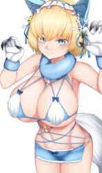  absurdres animal_ear_fluff animal_ears armpits bare_shoulders bikini bikini_skirt blonde_hair blue_bikini blue_eyes blue_ribbon blue_skirt breasts claw_pose cleavage closed_mouth collarbone commentary commission cowboy_shot fake_animal_ears fake_tail female fur-trimmed_bikini fur-trimmed_gloves fur_collar fur_trim girls&#039;_frontline gloves groin hair_between_eyes hair_ornament hair_ribbon hands_up heart_o-ring highres large_breasts looking_at_viewer navel newbienoodles no_mole official_alternate_costume ribbon short_hair sidelocks simple_background skirt smile snowflake_hair_ornament solo standing stomach swimsuit tail vsk-94_(christmas_eve_detective)_(girls&#039;_frontline) vsk-94_(girls&#039;_frontline) white_background white_gloves wolf_ears wolf_tail 