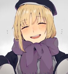  ^_^ blonde_hair blush closed_eyes commentary_request dungeon_meshi enpera facing_viewer falin_touden falin_touden_(tallman) female grey_background happy hat head_tilt laughing purple_scarf scarf senpuuki_(lince0713) short_hair simple_background solo upper_body 