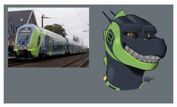  2023 black_body black_sclera bombardier bombardier_twindexx_vario border clenched_teeth deutsche_bahn digital_drawing_(artwork) digital_media_(artwork) dorsal_ridge dragon electric_railcar forced_smile german germany green_body green_markings grey_background grey_teeth headshot_portrait hi_res how_to_dragon_your_train hybrid living_machine living_train living_vehicle locomorph looking_at_viewer machine male markings meme multicolored_body mythological_creature mythological_scalie mythology orange_eyes pantograph photo portrait pupils railcar reference_image reptile scalie signature simple_background sketchingvalu smile solo teeth train two_tone_body vehicle white_border yellow_markings 