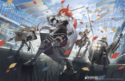  4girls animal_ears arknights arm_up armor armored_boots ashlock_(arknights) banner black_skirt bleachers boots breastplate brown_hair cape cloud commentary_request company_name confetti copyright_name copyright_notice fartooth_(arknights) flametail_(arknights) gambeson gauntlets glint grass greaves hat highres holding holding_polearm holding_shield holding_sword holding_weapon holster knee_pads kurohal lance long_hair looking_at_viewer multiple_girls official_art outdoors polearm ponytail red_hair rock see-through sheath shield skirt stadium standing standing_on_one_leg sword tabard tail thigh_holster thigh_strap thighhighs weapon wild_mane_(arknights) 