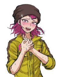  1boy bad_id bad_pixiv_id beanie black_hat blush braid collarbone danganronpa_(series) danganronpa_2:_goodbye_despair drooling earrings hands_up hat highres jewelry jumpsuit looking_at_viewer male_focus medium_hair nervous_sweating official_style open_mouth parody pink_eyes pink_hair sharp_teeth side_braid simple_background soda_kazuichi solo sweat teeth upper_body uzicha white_background yellow_jumpsuit 