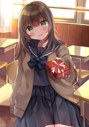  absurdres backlighting bad_id bad_pixiv_id black_bow black_sailor_collar black_serafuku black_shirt black_skirt blush bow box brown_cardigan brown_hair cardigan chair classroom commentary_request curtains desk female gift gift_box green_eyes hair_between_eyes hand_up head_tilt highres holding holding_gift incoming_gift indoors long_hair long_sleeves looking_at_viewer minami_saki open_cardigan open_clothes original parted_lips pleated_skirt sailor_collar school_chair school_desk school_uniform serafuku shirt skirt sleeves_past_wrists solo sunlight valentine wavy_mouth window 