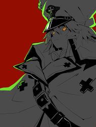  absurdres cloak closed_mouth contrast female glaring guilty_gear guilty_gear_strive hair_between_eyes hat highres makai medium_hair orange_eyes ramlethal_valentine red_background shaded_face simple_background solo upper_body 