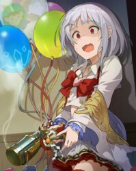  balloon bow bowtie brooch commentary_request female granblue_fantasy grey_hair gun hair_between_eyes heart heart_brooch hinami_(hinatamizu) holding holding_gun holding_weapon indoors jewelry layered_skirt long_sleeves looking_at_viewer medium_hair open_mouth red_bow red_bowtie red_eyes revision scared shirt skirt smoke smoking_barrel solo sweatdrop vikala_(granblue_fantasy) wall weapon white_shirt white_skirt 