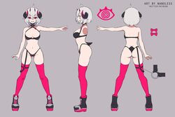  absurdres artist_name ass back boots bow bra commentary english_commentary female from_side full_body grey_background grey_hair hair_between_eyes highres horns indie_virtual_youtuber multiple_horns multiple_views nano_(nanoless) nanoless navel panties patreon_username reference_sheet sharp_teeth short_hair simple_background skindentation smile standing teeth thighhighs twitter_username underwear virtual_youtuber watermark 