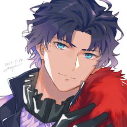  1boy ahoge bartholomew_roberts_(fate) black_hair blue_eyes blue_hair close-up dark-skinned_male dark_blue_hair dark_skin fate/grand_order fate_(series) frilled_shirt_collar frills gloves goya_(xalbino) light_smile looking_at_viewer male_focus multicolored_hair purple_hair short_hair signature solo two-tone_hair white_background 