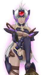  breasts cleavage cyborg dark-skinned_female dark_skin elbow_gloves female gloves grey_hair highres large_breasts long_hair looking_at_viewer smile solo t-elos thighhighs underboob very_long_hair xenosaga xenosaga_episode_iii yoshida_keiji 