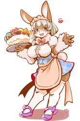  2020 alternative_fashion anthro apron bottomwear breasts cake clothed clothing dessert female food footwear furgonomics green_eyes green_hair hair holding_object j-fashion kemono lagomorph legwear leporid lolita_(fashion) maid_headdress mammal mary_janes rabbit setouchi_kurage shoes skirt solo tail tail_through_skirt thigh_highs 