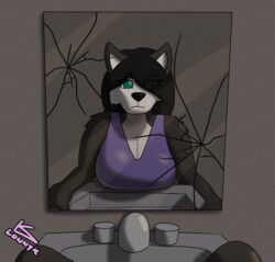  anthro bathroom bathroom_sink big_breasts breast_rest breasts broken_mirror canid canine canis cleavage clothed clothing domestic_dog female first_person_view hi_res huge_breasts husky kayla_(lonnyk) lonnyk looking_at_mirror looking_at_object mammal mirror nordic_sled_dog solo spitz 