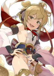  :3 :d andira_(granblue_fantasy) armpits bare_shoulders blonde_hair breasts cleavage_cutout clothing_cutout commentary_request cowboy_shot detached_sleeves dutch_angle female from_below granblue_fantasy hand_on_own_hip hinami_(hinatamizu) leotard leotard_pull looking_at_viewer oerba_yun_fang open_mouth revision short_hair sideboob sidelocks small_breasts smile solo standing sweat thighhighs thighs white_leotard white_thighhighs yellow_eyes 