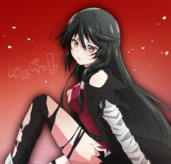  bandaged_arm bandages black_hair black_thighhighs breasts cleavage cleavage_cutout clothing_cutout female from_side gradient_background hair_between_eyes highres long_hair medium_breasts parted_lips red_background red_shirt shirt sitting solo srssrm tales_of_(series) tales_of_berseria thighhighs torn_clothes torn_thighhighs velvet_crowe very_long_hair yellow_eyes 