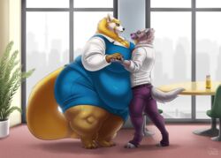  2022 aggretsuko ailurid anthro belly belly_overhang beverage big_belly big_breasts biglovealicia breasts building can chair clothed clothing container day detailed_background digital_media_(artwork) digitigrade duo ears_back eye_contact female formal_suit furniture grabbing_hands haida_(aggretsuko) hi_res hyena inner_ear_fluff long_tail looking_at_another male mammal obese obese_anthro obese_female office overweight overweight_anthro overweight_female pivoted_ears plant procyonid purple_body raccoon red_panda retsuko rug sanrio signature size_difference smile soda spotted_hyena table tail thick_thighs tuft window yellow_body 