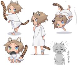  1boy animal_ears animal_in_mouth bandaged_leg bandages blue_eyes cat_ears cat_tail censored chibi collage full_body green_eyes heterochromia isaac_(adey) looking_at_viewer male_focus medium_hair monochrome mosaic_censoring multiple_views oerba_yun_fang off_shoulder open_mouth original oversized_clothes oversized_shirt parted_bangs shadow shirt skin_fang squatting standing tail tail_grab ten_(lu2948d) white_background white_shirt 