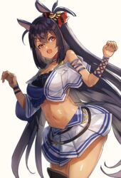  animal_ears bare_shoulders black_hair blue_shirt breasts choker cleavage commentary_request cowboy_shot dark-skinned_female dark_skin ear_scrunchie female highres hishi_amazon_(umamusume) horse_ears horse_girl horse_tail long_hair oerba_yun_fang open_mouth red_eyes shirt simple_background skirt solo tail the_olphy thigh_strap two-tone_shirt umamusume very_long_hair white_background white_choker white_shirt white_skirt 