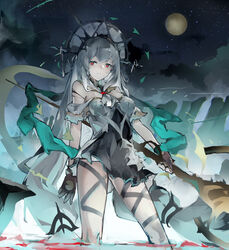  absurdres arknights ass_visible_through_thighs bare_shoulders black_dress black_gloves breasts cloud detached_collar dress feet_out_of_frame female front_ponytail full_moon gloves grey_dress grey_hair highres holding holding_staff jumbowhopper layered_dress long_hair looking_at_viewer low-tied_long_hair low_twintails medium_breasts moon official_alternate_costume parted_lips phoenix_crown red_eyes skadi_(arknights) skadi_the_corrupting_heart_(arknights) skadi_the_corrupting_heart_(sublimation)_(arknights) skeleton sky solo staff standing star_(sky) starry_sky strapless strapless_dress twintails very_long_hair wading water 