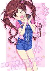  arms_up bad_id bad_twitter_id brown_eyes brown_hair chocolate commentary_request female hair_ornament hairclip holding long_hair one_eye_closed open_mouth original overalls ozzzzy pink_shirt shirt short_shorts shorts smile solo twintails 