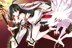  ara_haan bai_yaxiang_zi bell breasts cleavage collarbone commentary_request detached_sleeves elsword eun_(elsword) female fox heterochromia large_breasts multicolored_hair polearm shakti_(elsword) spear thighs two-tone_hair weapon 