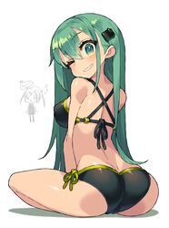  2girls ;) ass bare_shoulders bikini black_bikini breasts chibi chibi_inset commentary_request from_behind green_eyes green_hair grin hair_ornament hairclip highres itsumo_nokoru kantai_collection large_breasts long_hair looking_at_viewer looking_back multiple_girls one_eye_closed side-tie_bikini_bottom simple_background sitting smile suzuya_(kancolle) swimsuit teeth white_background zuikaku_(kancolle) 