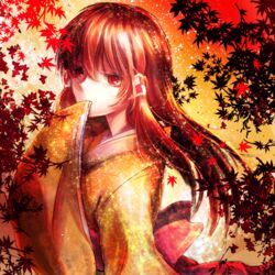  brown_hair commentary_request female fuyuyuki_gekka gugure!_kokkuri-san hair_ornament japanese_clothes kimono kureha_(gugukoku) long_hair looking_at_viewer red_eyes sash solo yukata 