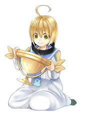  1boy ahoge blonde_hair commentary_request green_eyes jewelry laphicet_(tales) lolicon male_focus maodaisuke necklace sailor_collar simple_background sitting solo tales_of_(series) tales_of_berseria white_background 