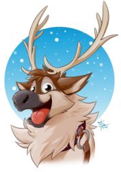  2014 brown_body brown_fur bust_portrait collar countershading deer disney frozen_(movie) fur hi_res male mammal new_world_deer open_mouth portrait reindeer smile solo sven_(frozen) takemoto_arashi tongue tongue_out 