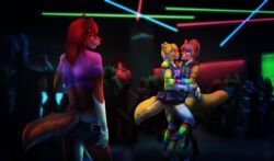  2016 absurd_res anthro black_nose blonde_hair bulge canid canine canis clothed clothing crossdressing dancing dawn_(disambiguation) femboy glowing glowstick group hair hi_res jessica_wolf legwear long_hair male mammal masahikoko rave sangie_nativus smile tongue tongue_out wolf 