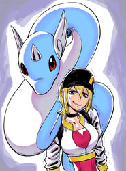  baseball_cap black_hat blonde_hair blue_eyes breasts choker collarbone commentary_request cropped_jacket dragonair female female_protagonist_(pokemon_go) hair_between_eyes hat heavy highres horns long_hair long_sleeves medium_breasts on_shoulder photoshop_(medium) pokemon pokemon_(creature) pokemon_go pokemon_on_shoulder ponytail shiitake_gensui single_horn sweat trembling 