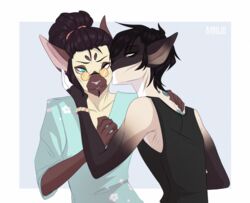  anthro bardju clothed clothing domestic_cat duo ear_tails eyewear facial_hair felid feline felis glasses goatee kissing male male/male mammal siamese simple_background skinny smile 