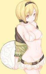  arms_behind_back ball beachball belt bikini black_hairband blonde_hair breasts brown_eyes choker cleavage closed_mouth commentary_request djeeta_(granblue_fantasy) eyebrows female granblue_fantasy groin hair_between_eyes hairband holding holding_ball koza_game medium_breasts navel protected_link short_hair simple_background smile solo swimsuit thief_(granblue_fantasy) white_bikini yellow_background 