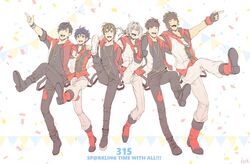  6+boys arm_around_shoulder banner black_hair black_pants brown_hair commentary_request confetti enjoji_michiru grey_hair hair_intakes hamano_daiki headband idolmaster idolmaster_side-m kick_line kizaki_ren koji-bread komatsu_shouhei male_focus multiple_boys necktie official_alternate_costume pants physical_star_red_(idolmaster) ponytail real_life smile taiga_takeru terashima_junta the_kogado_(idolmaster) voice_actor voice_actor_connection white_necktie 