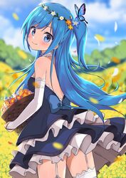  back_bow backless_dress backless_outfit basket blue_bow blue_butterfly blue_dress blue_eyes blue_flower blue_hair blue_sky blurry blurry_background blush bow breasts bridal_gauntlets bug butterfly choker cloud commentary_request cowboy_shot day dress emori_miku female field floating_hair flower flower_basket flower_field from_behind garter_straps hair_flower hair_ornament head_tilt head_wreath highres holding holding_basket lace-trimmed_bridal_gauntlets lace-trimmed_thighhighs layered_dress liver_city long_hair looking_at_viewer looking_back medium_breasts one_side_up orange_flower outdoors petals pink_flower red_flower short_dress sideboob sky smile solo standing strapless strapless_dress swept_bangs takanashi_sora_(soramyon) thighhighs very_long_hair white_choker white_flower white_thighhighs yellow_flower 