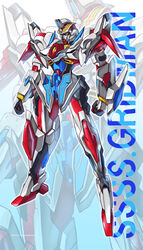  acceptor armor clenched_hands commentary gridman_(ssss) gridman_universe gundam highres i.takashi male_focus mecha mechanical_arms mechanical_legs mechanization no_humans no_pupils power_armor retro_artstyle robot rx-78-2 science_fiction shoulder_armor ssss.gridman yellow_eyes zoom_layer 