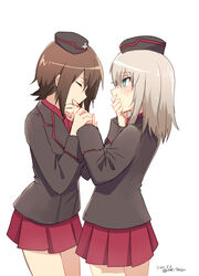  2girls blood blue_eyes blush brown_hair closed_eyes commentary_request covering_own_mouth dated finger_sucking garrison_cap girls_und_panzer grey_hair hand_over_own_mouth hat itsumi_erika kuromorimine_military_uniform military military_uniform multiple_girls nishizumi_maho skirt twitter_username uniform white_background yukiyanagi_raki yuri 