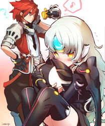  ? bad_id bad_pixiv_id blush code:_nemesis_(elsword) drone elsword elsword_(character) eve_(elsword) female gift highres hug icedango_(dpopic3) long_hair lord_knight_(elsword) moby_(elsword) musical_note red_hair remy_(elsword) short_hair white_hair 