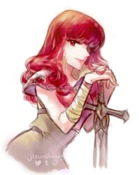  armor celica_(fire_emblem) celica_(warrior_princess)_(fire_emblem) dress english_commentary female fire_emblem fire_emblem_echoes:_shadows_of_valentia fire_emblem_gaiden fire_emblem_heroes gloves highres liefe long_hair red_eyes red_hair smile solo 