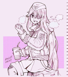  azur_lane ballpoint_pen_(medium) boots breasts commentary_request drink drinking_straw eyepatch female fur_trim garrison_cap gloves hair_between_eyes hat ichinana_(dametetujin17) jacket large_breasts limited_palette long_hair military monochrome photoshop_(medium) pink_theme scharnhorst_(azur_lane) shawarma skirt solo traditional_media uniform wrap_(food) 