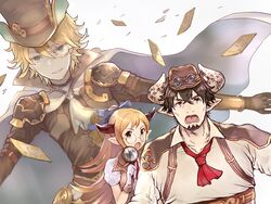  2boys ascot bad_id bad_pixiv_id barawa beard blonde_hair brown_eyes brown_hair card chat_noir_(granblue_fantasy) commentary draph facial_hair female glasses gloves granblue_fantasy horns magnifying_glass monocle multiple_boys pointy_ears sarya_(granblue_fantasy) tororo_(toroyakko) 