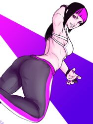  alternate_hairstyle ass chris_re5 commentary_request evil_grin evil_smile female grin hair_down highres juri_han long_hair looking_at_viewer multicolored_hair nail_polish official_alternate_costume pants pink_nails smile solo street_fighter street_fighter_v tight_clothes tight_pants toned two-tone_hair 