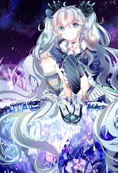  absurdly_long_hair ahoge artist_name asymmetrical_legwear black_legwear blue_eyes blue_hair c-i capelet choker commentary constellation crescent dress earmuffs eyebrows female full_body fuyu_no_yoru_miku glowing hair_between_eyes hair_ornament hatsune_miku highres kneehighs long_hair looking_at_viewer mismatched_legwear reflection reflective_floor single_kneehigh single_sock single_thighhigh sky smile socks solo star_(sky) star_(symbol) starry_background starry_sky striped_clothes striped_dress symbol-only_commentary thighhighs twintails vertical_stripes very_long_hair vocaloid 