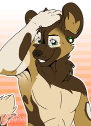  2016 absurd_res african_wild_dog anthro brown_body brown_fur canid canine cherushi ear_piercing fur green_eyes grin hair hi_res looking_at_viewer male mammal piercing reverie smile solo standing tan_body tan_fur white_body white_fur 